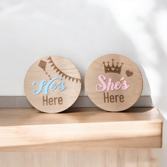 Timber birth announcement timber and acrylic 200mm circle